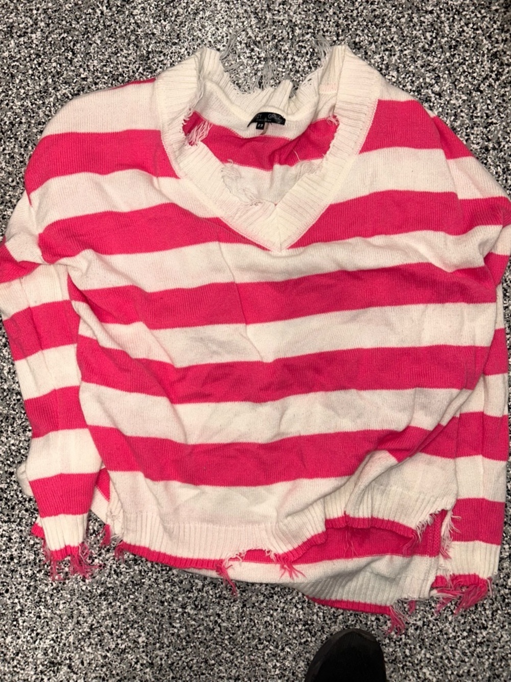Distressed Pink and White Striped Scoop Neck Sweater
